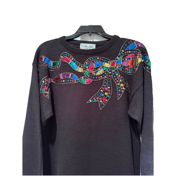 Vintage Plain Jane By Sweet Baby Jane M Black Sweater Dress Sequin Bow Holiday - Picture 2 of 5
